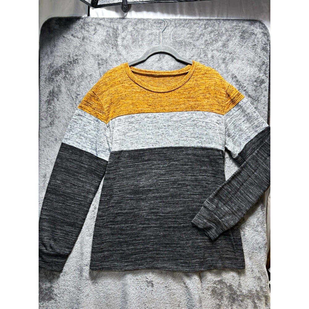 Women's Colorblock Knit Pullover Sweater Crew Neck Long Sleeve Gray Mustard S/M